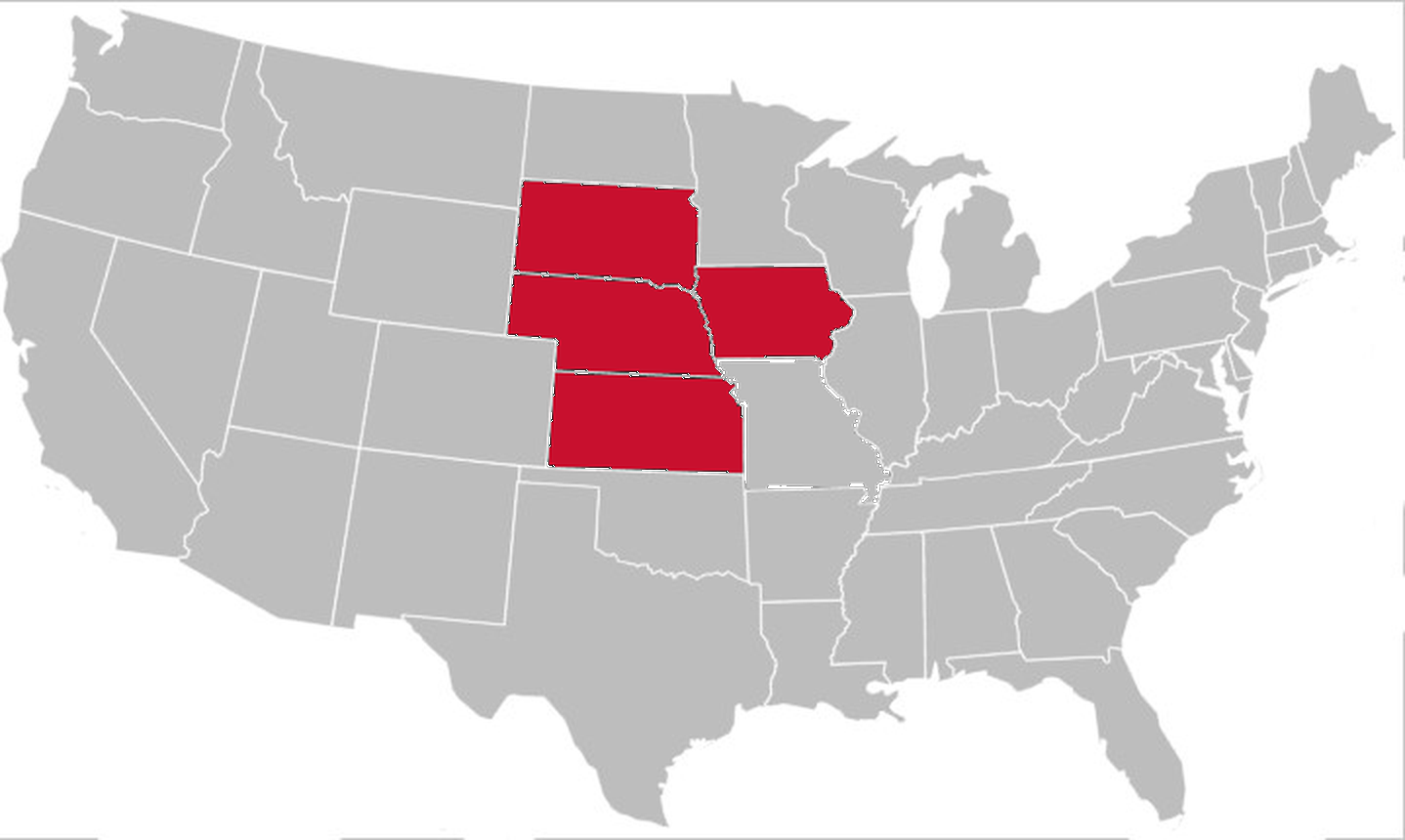 Map of the United States with Nebraska, Iowa, Kansas and South Dakota highlighted
